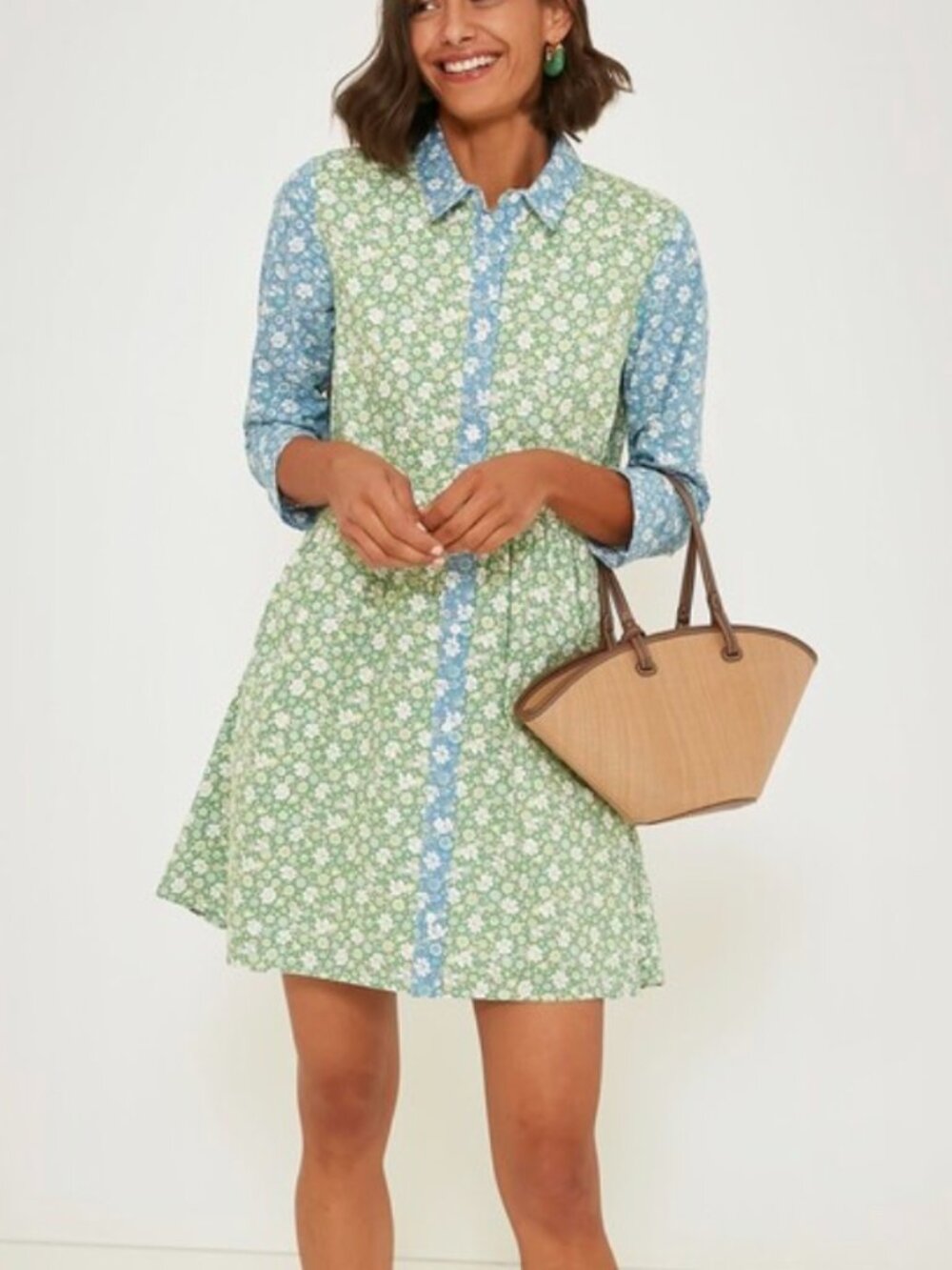 Floral Button-Front Mini Dress in Green and Blue